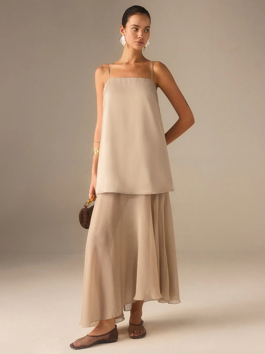 COMMENSE maxi dress, nude/light taupe satin top, chiffon bottom NWT