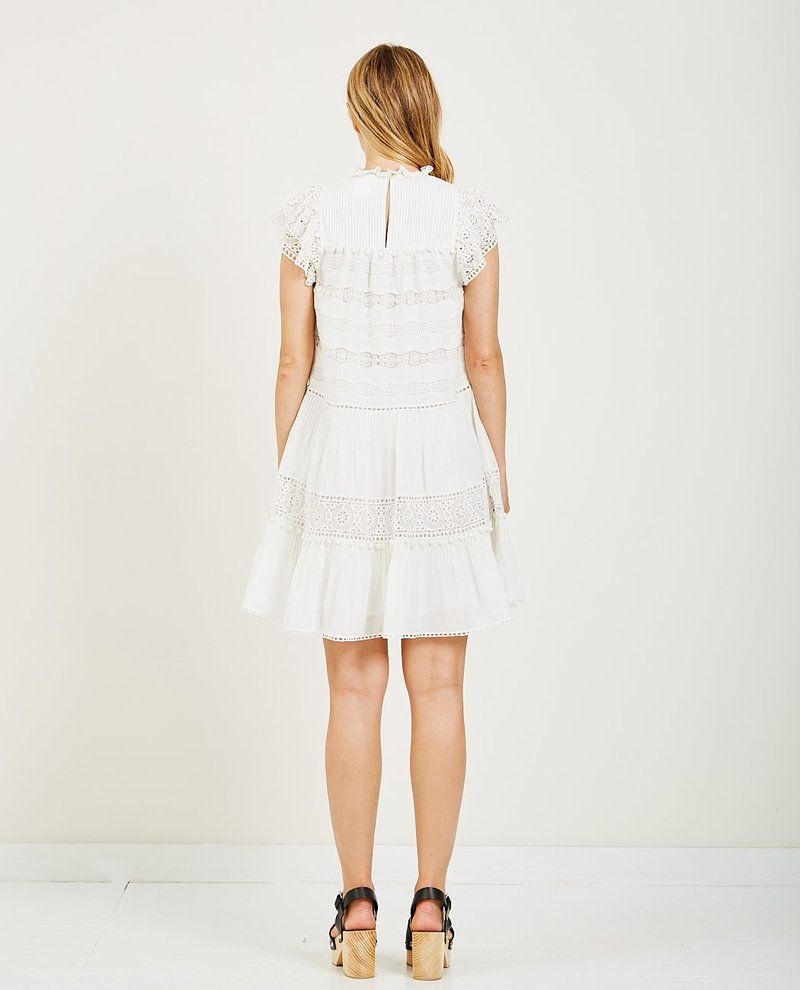 ULLA JOHNSON white lace cotton mock neck ruffle sleeve dress