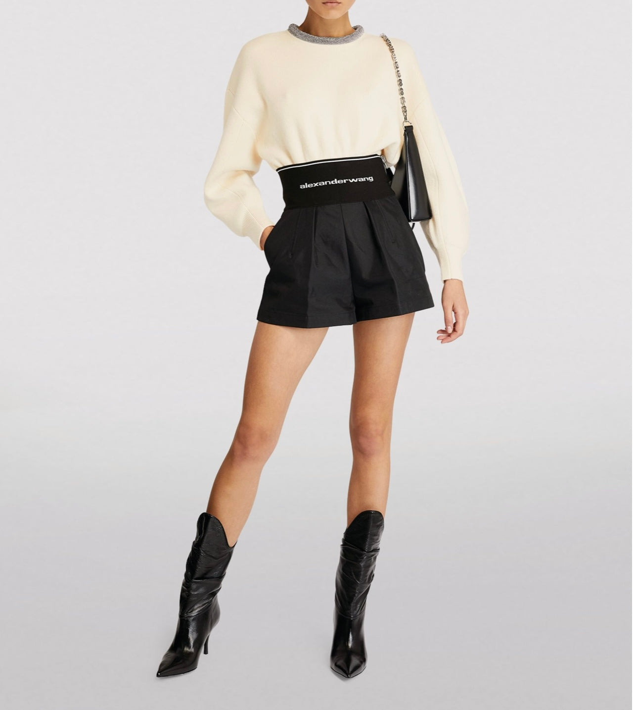 Alexander Wang CRYSTAL NECKLINE PULLOVER IN WOOL Ivory