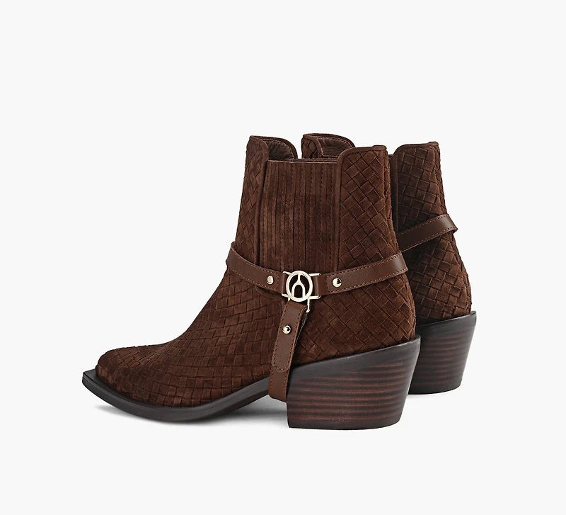 Wishbone Brown Woven Suede Pointed Toe Ankle Boots