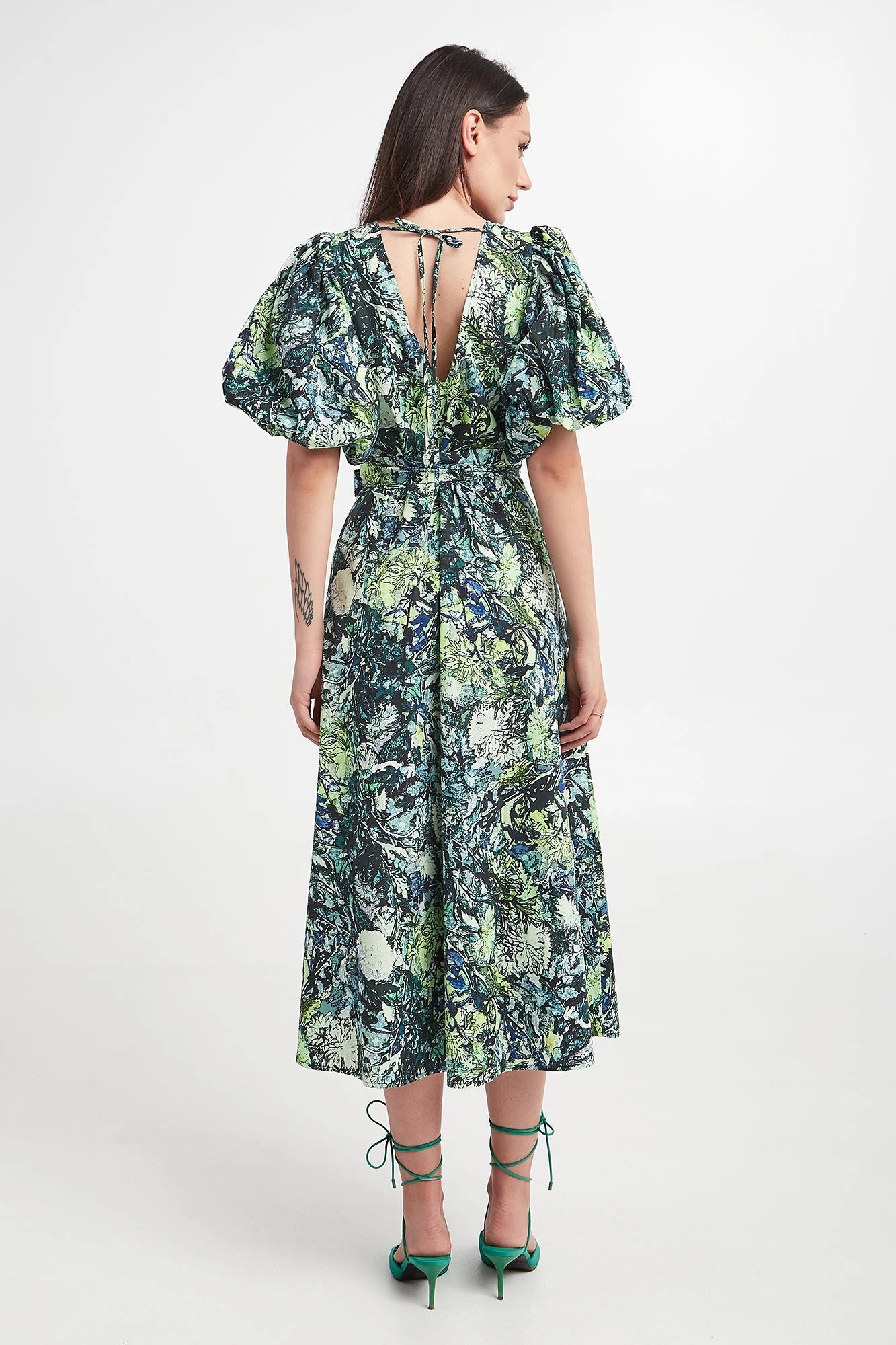 GESTUZ Caragz Wrap dress, puff sleeve maxi dress with green floral print