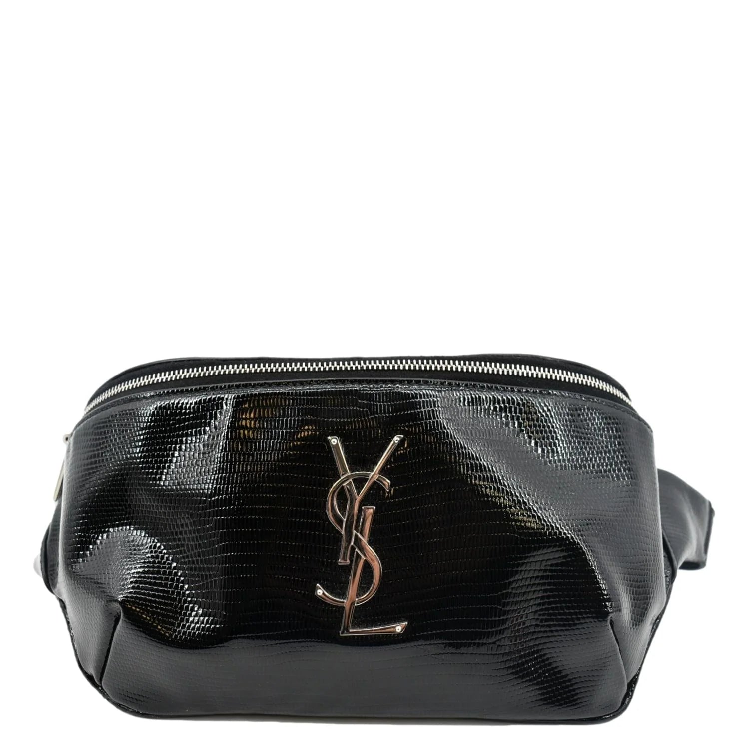 YSL black embossed patent leather belt bag
