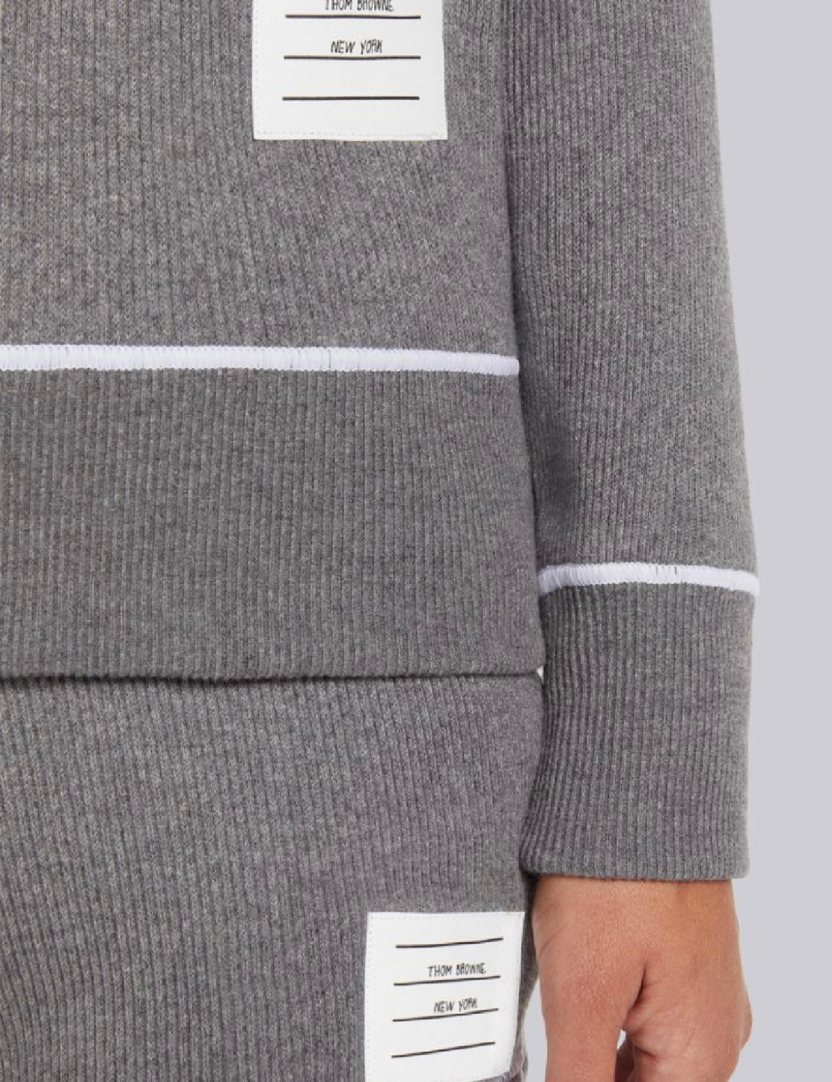 THOM BROWNE - GREY MESH BACK COTTON RIB CONTRAST COVER STITCH CREW NECK PULLOVER SWEATSHIRT