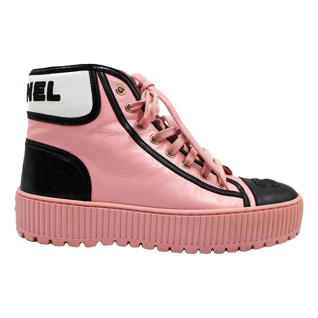 CHANEL pink leather hightop sneakers