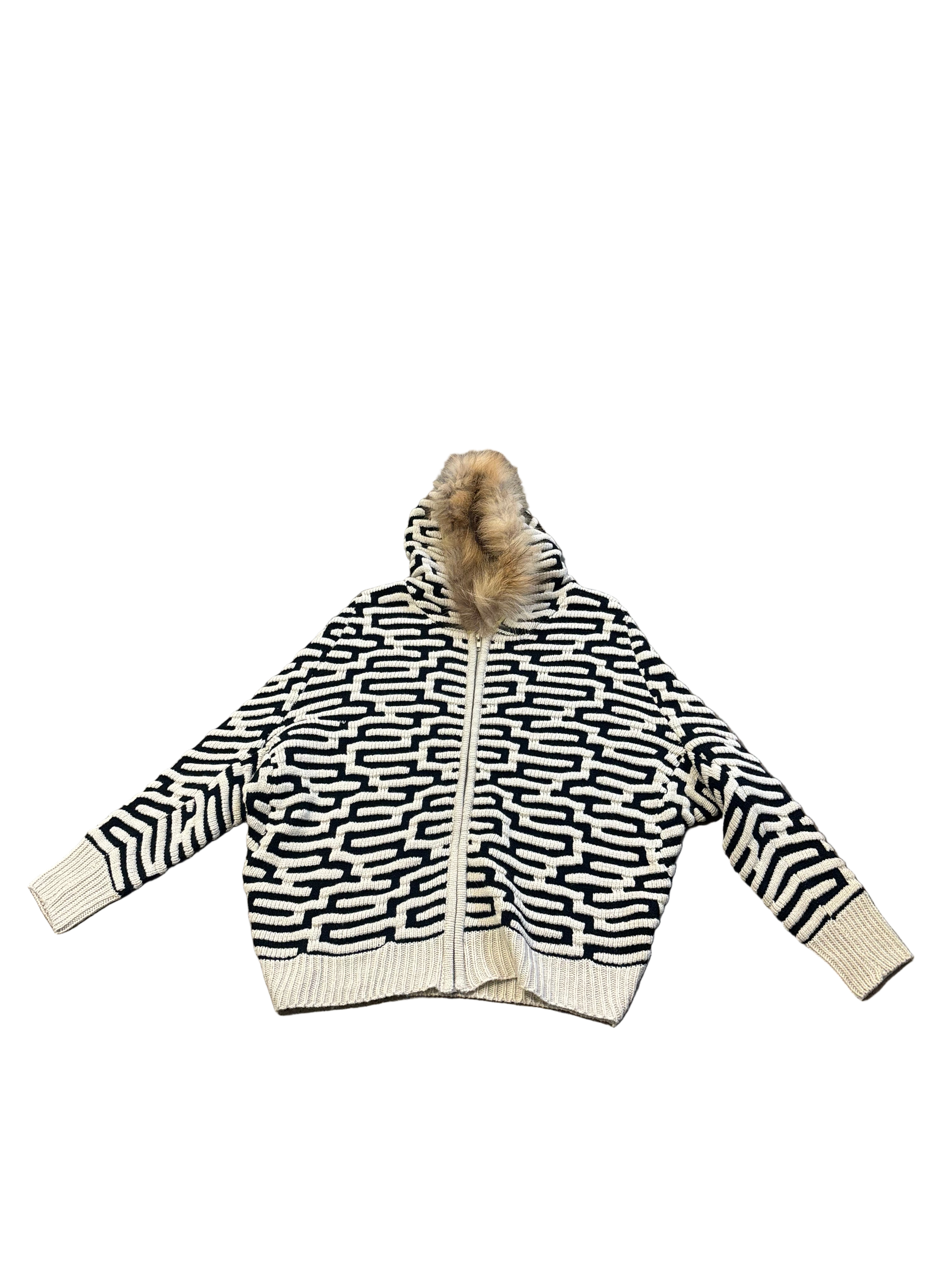 EX-J. geometric black and cream knit pattern zip up hoodie, fur on hood