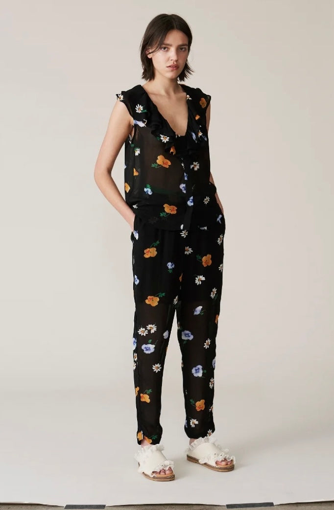 GANNI - Black Floral Wrap Top & Pants (sold as a set)