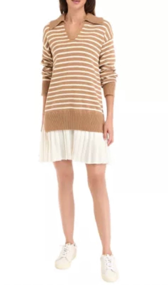 ENGLISH FACTORY Striped Mixed Media Pleated Dress