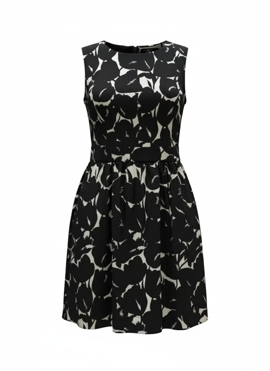Lanvin Silk Sleeveless Mini Dress with Black Floral Detail (Black & White)