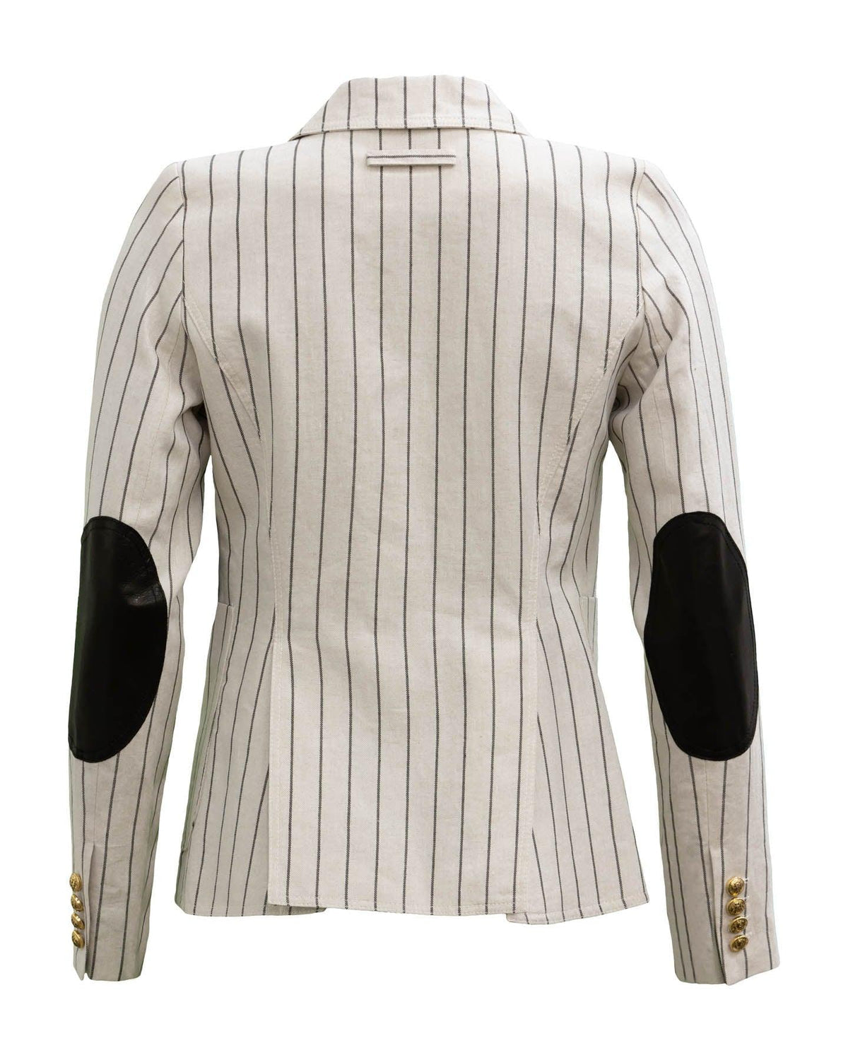SMYTHE cream blazer with black stripes and leather elbows