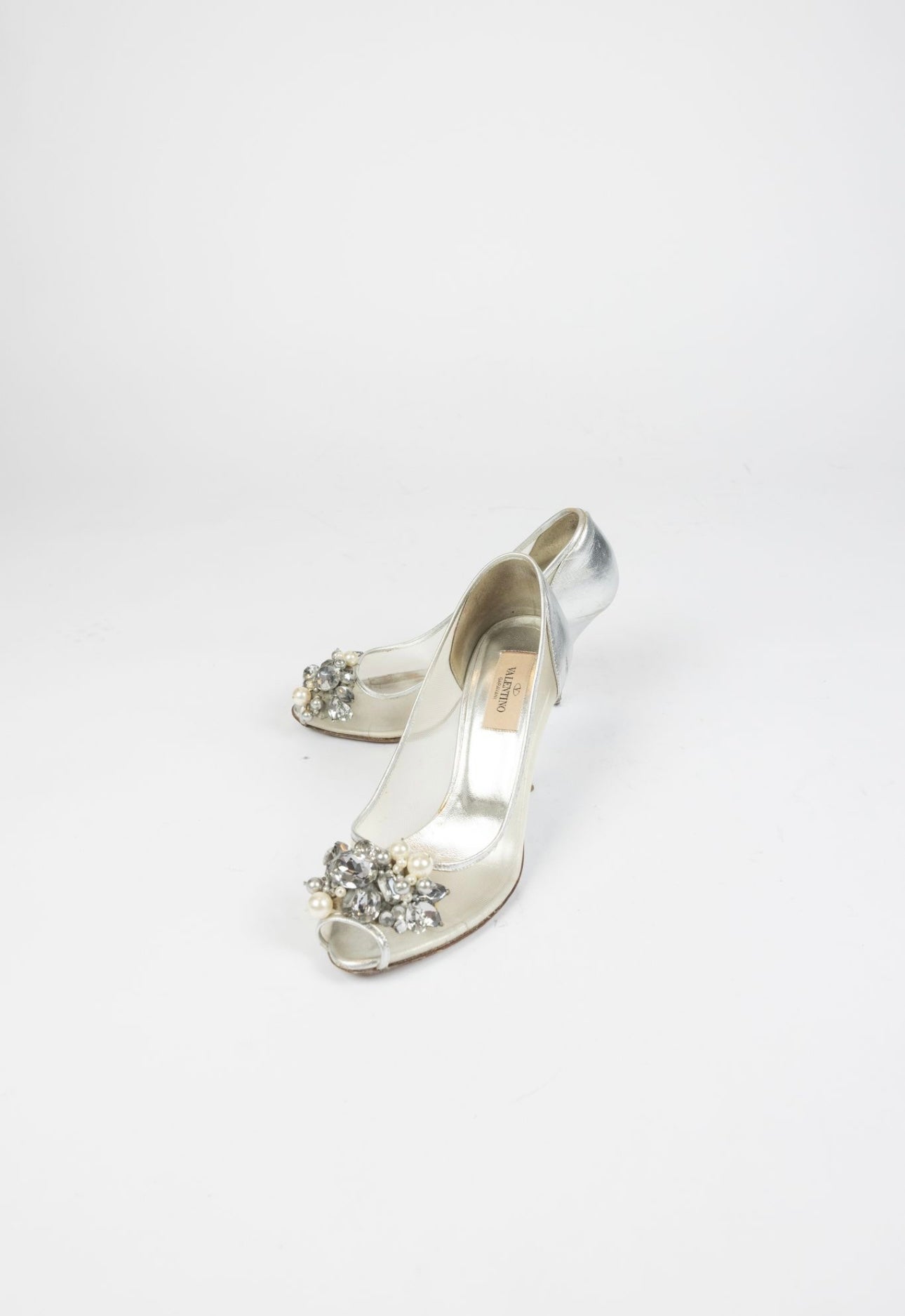 VALENTINO- Silver Peep-Toe Pumps with crystal detailing