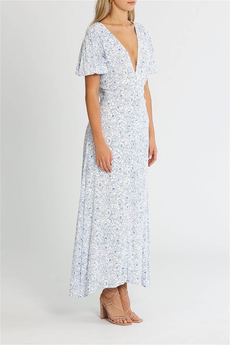 FAITHFULL THE BRAND white with blue print maxi dress, bellavista midi dress NWT