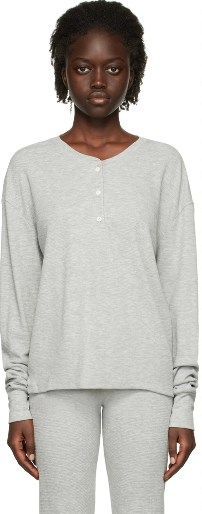 ETERNE Grey Henley Waffle Long sleeve