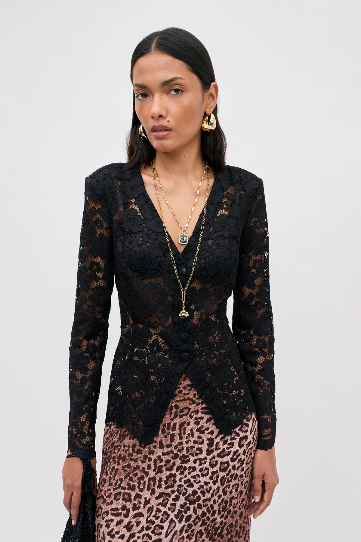 RIXO black lace button up top, padma top, shoulder pads