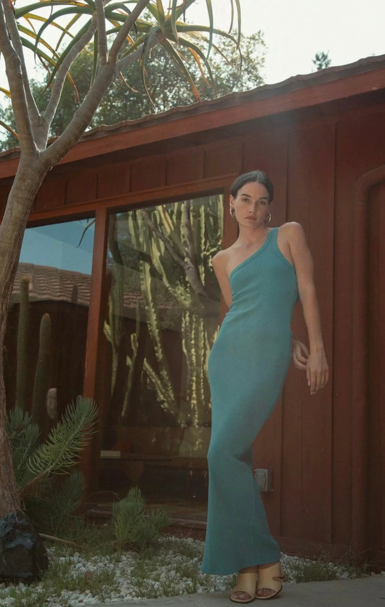 The Line by K Gael One Shoulder Ribbed Knit Ozone Blue Maxi Dress Cut Out Back