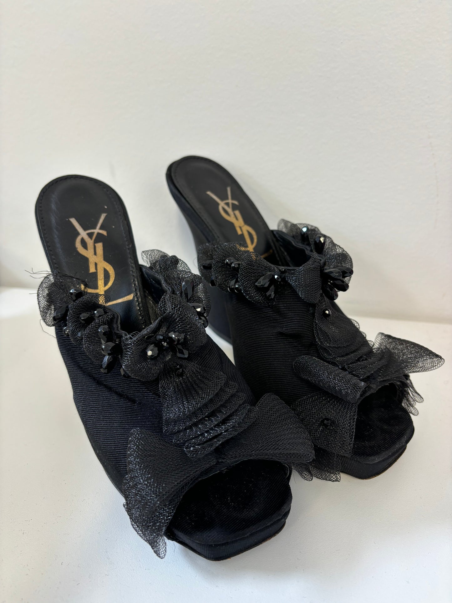 YSL black wedge evening shoes with bow and beading details