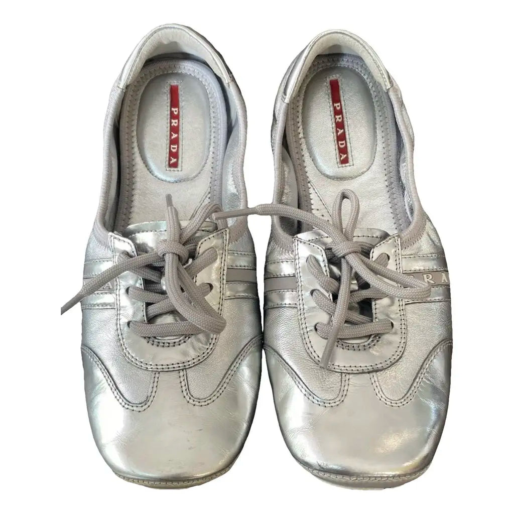 PRADA silver leather sneaker lace up flats