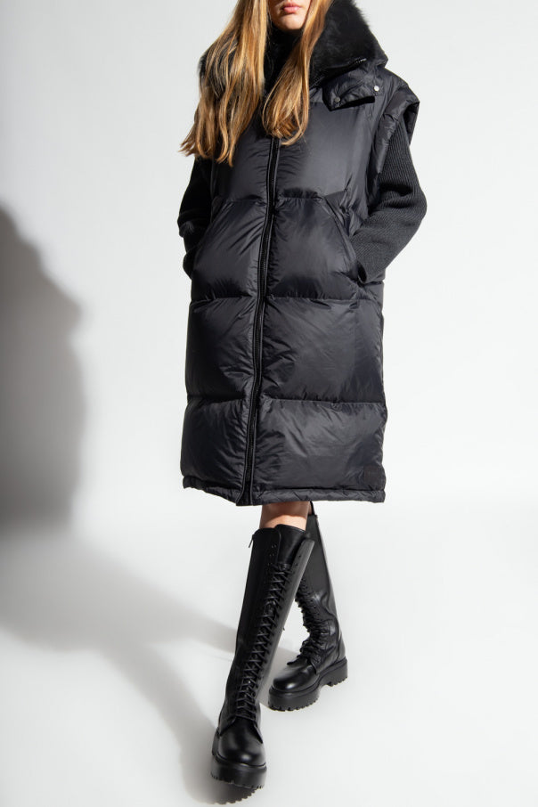 YVES SALOMAN long black puffer vest with removable hood and black fur collar