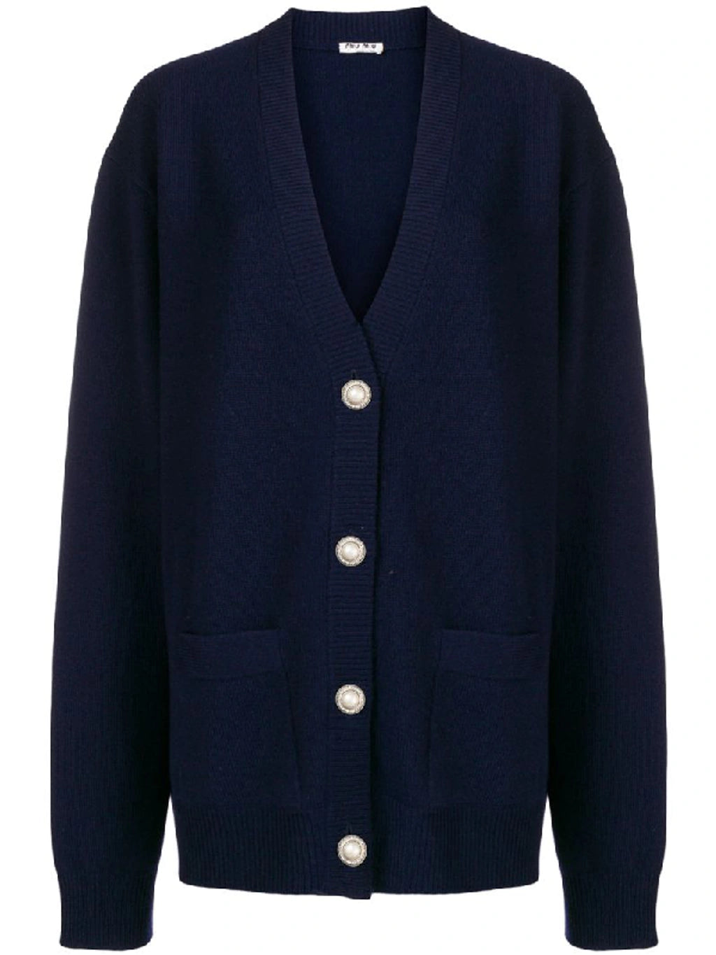 MIU MIU navy wool cardigan with pearl and rhinestone buttons