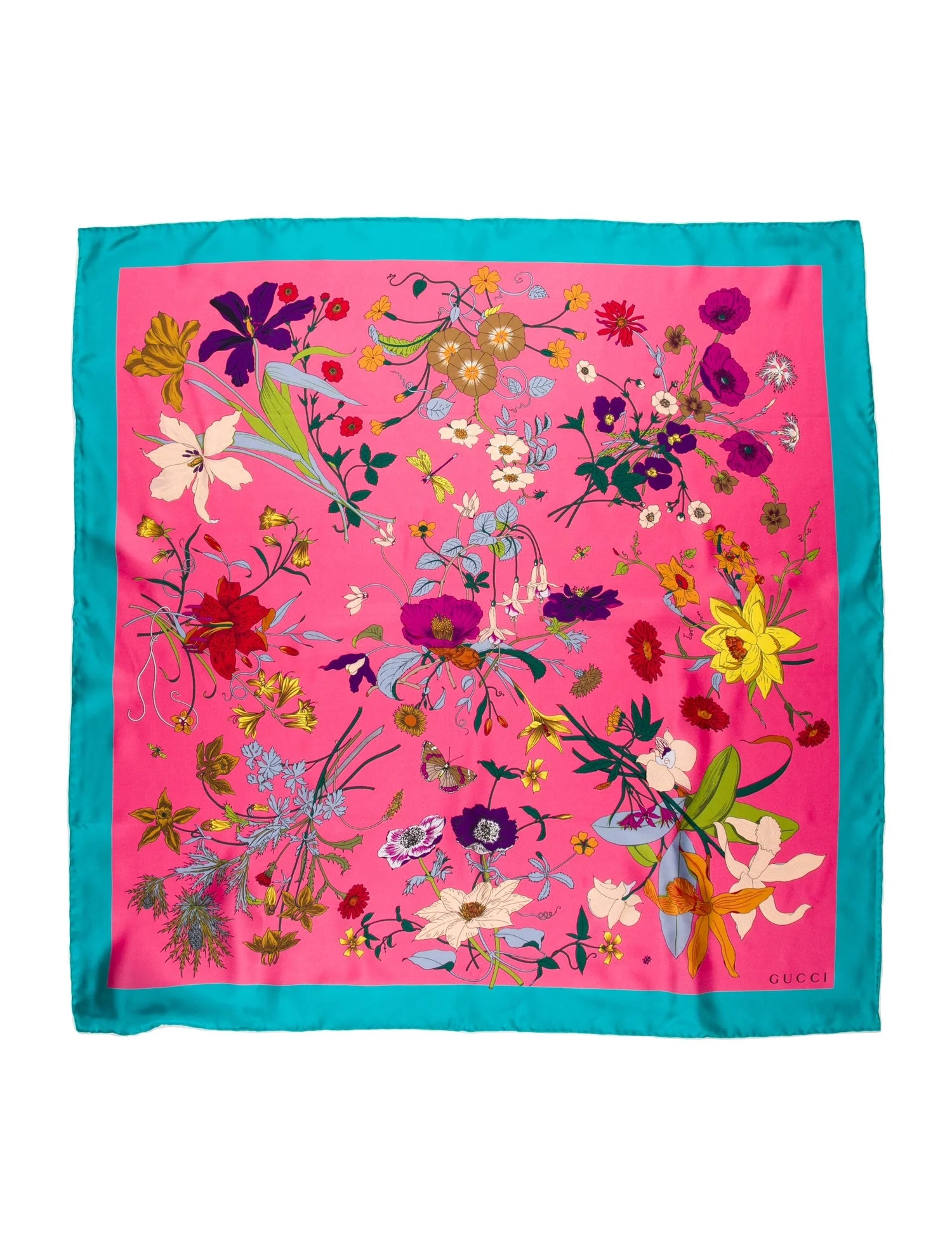 GUCCI pink floral print silk scarf with blue trim