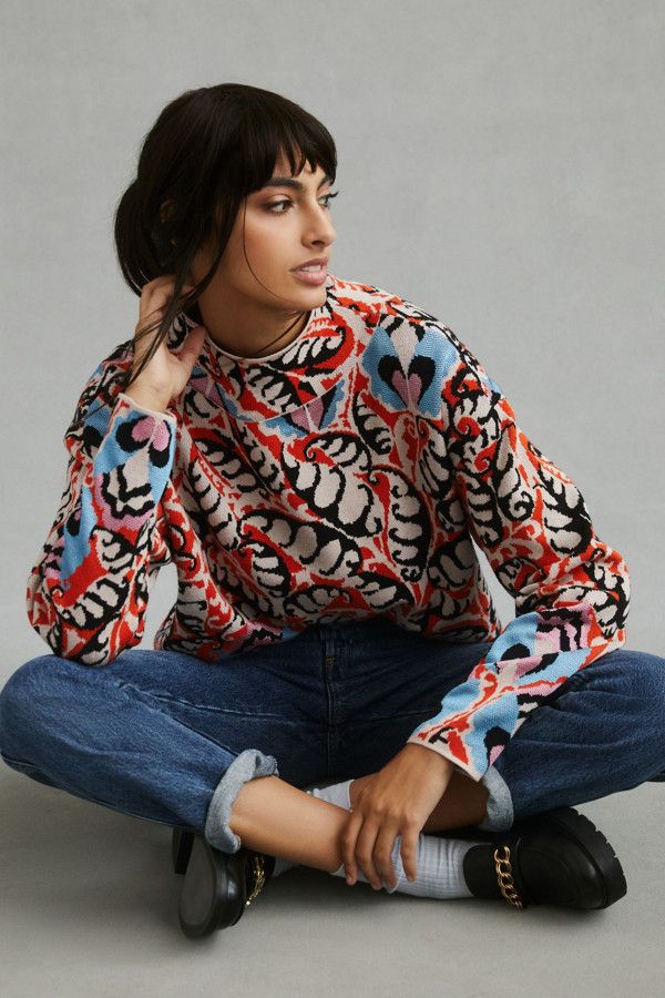 MAEVE by anthro orange, black, blue mock neck sweater