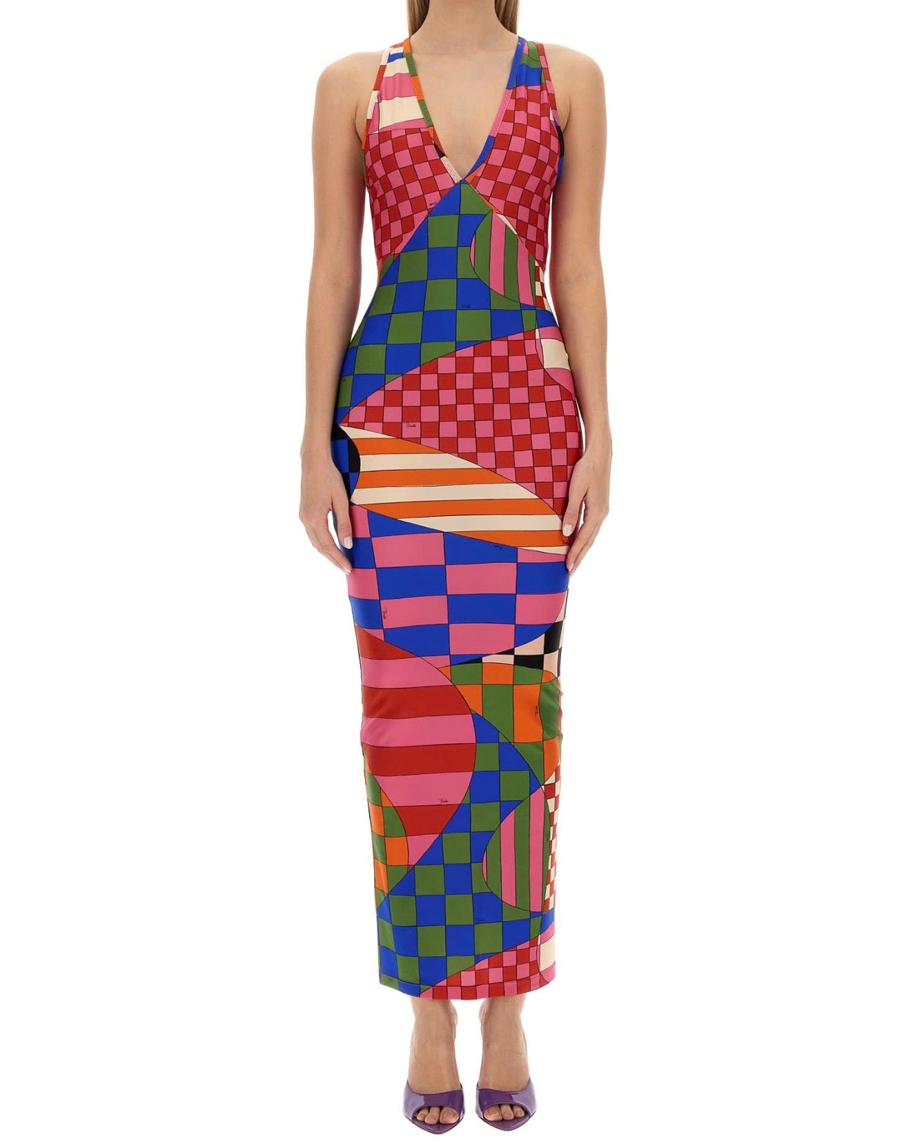 Pucci V Neck Printed Satin Jersey Long Dress