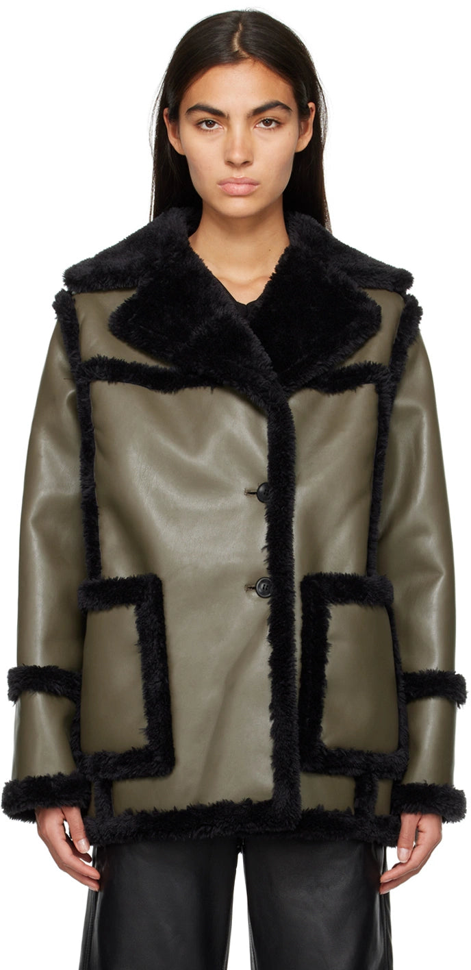 PROENZA SCHOULER WHITE LABEL green faux leather coat with black fur lapel and trim