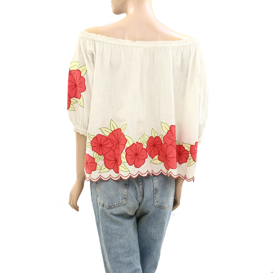 THE GREAT Floral beige cotton off the shoulder top