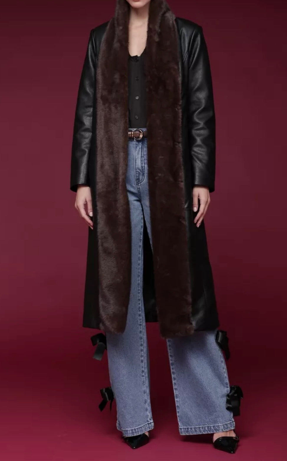 Avec Les Filles Faux Fur Trimmed Faux Leather Wrap Coat