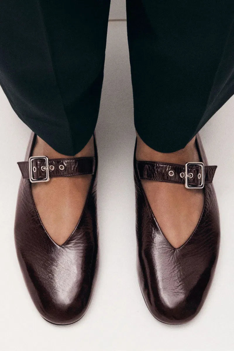 COS black leather flats with silver buckle