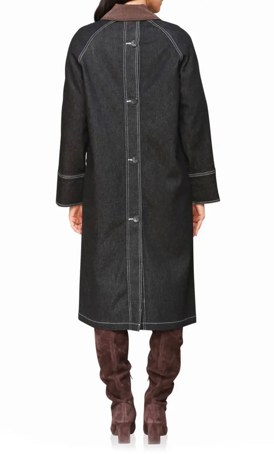 Avec Les Filles - Dark Denim Coat with Barn Collar