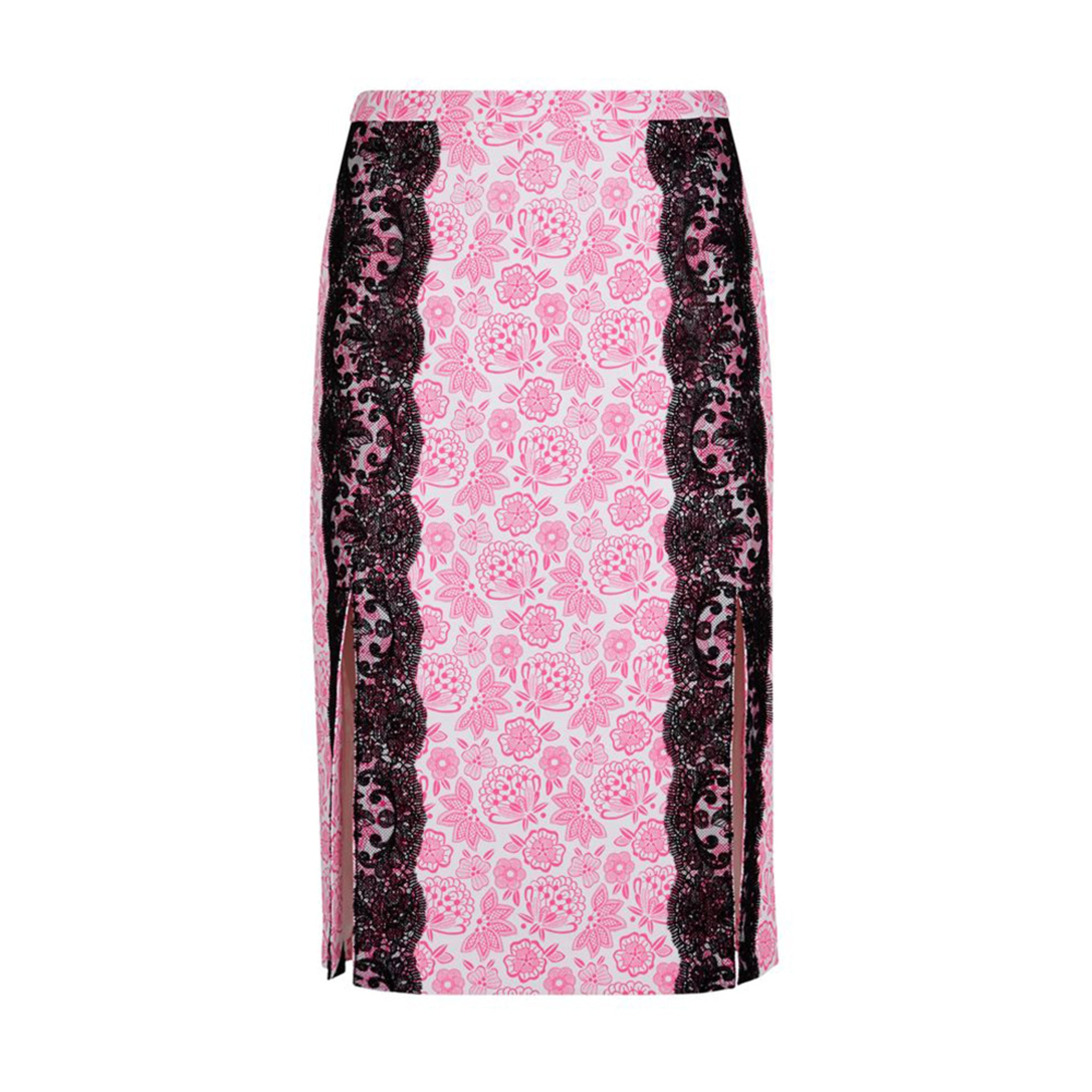CHRISTOPHER KANE neon pink floral print with lace trim pencil skirt
