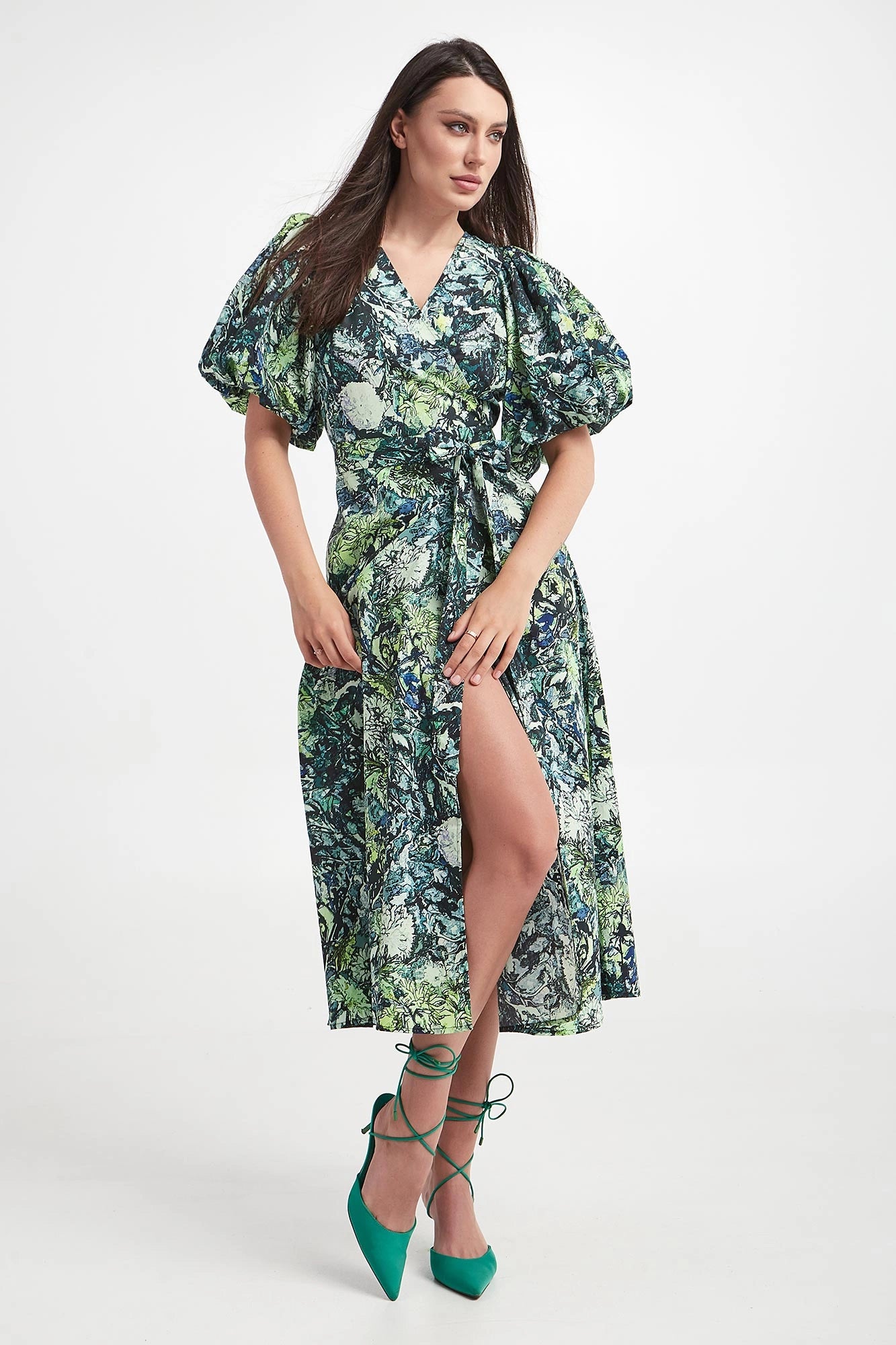 GESTUZ Caragz Wrap dress, puff sleeve maxi dress with green floral print