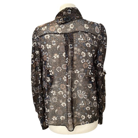 SEE BY CHLOE sheer blue floral pattern blouse, turtleneck with buttons on shoulder