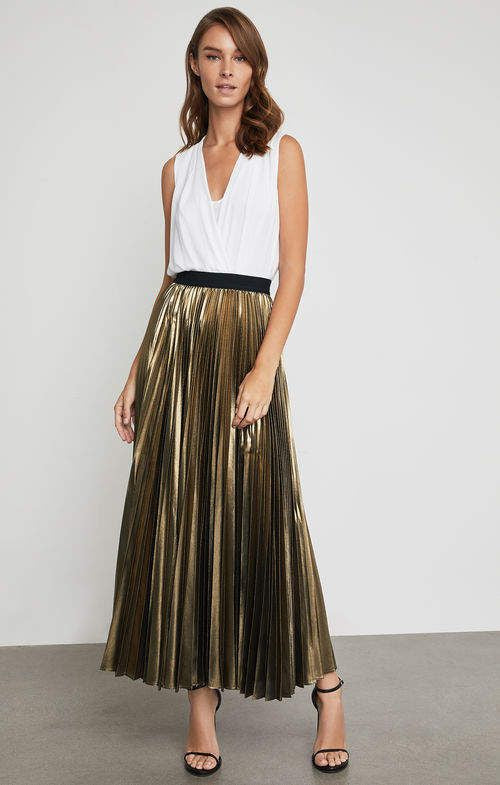 BCBG MAXAZRIA Metallic Gold Pleated Midi Skirt