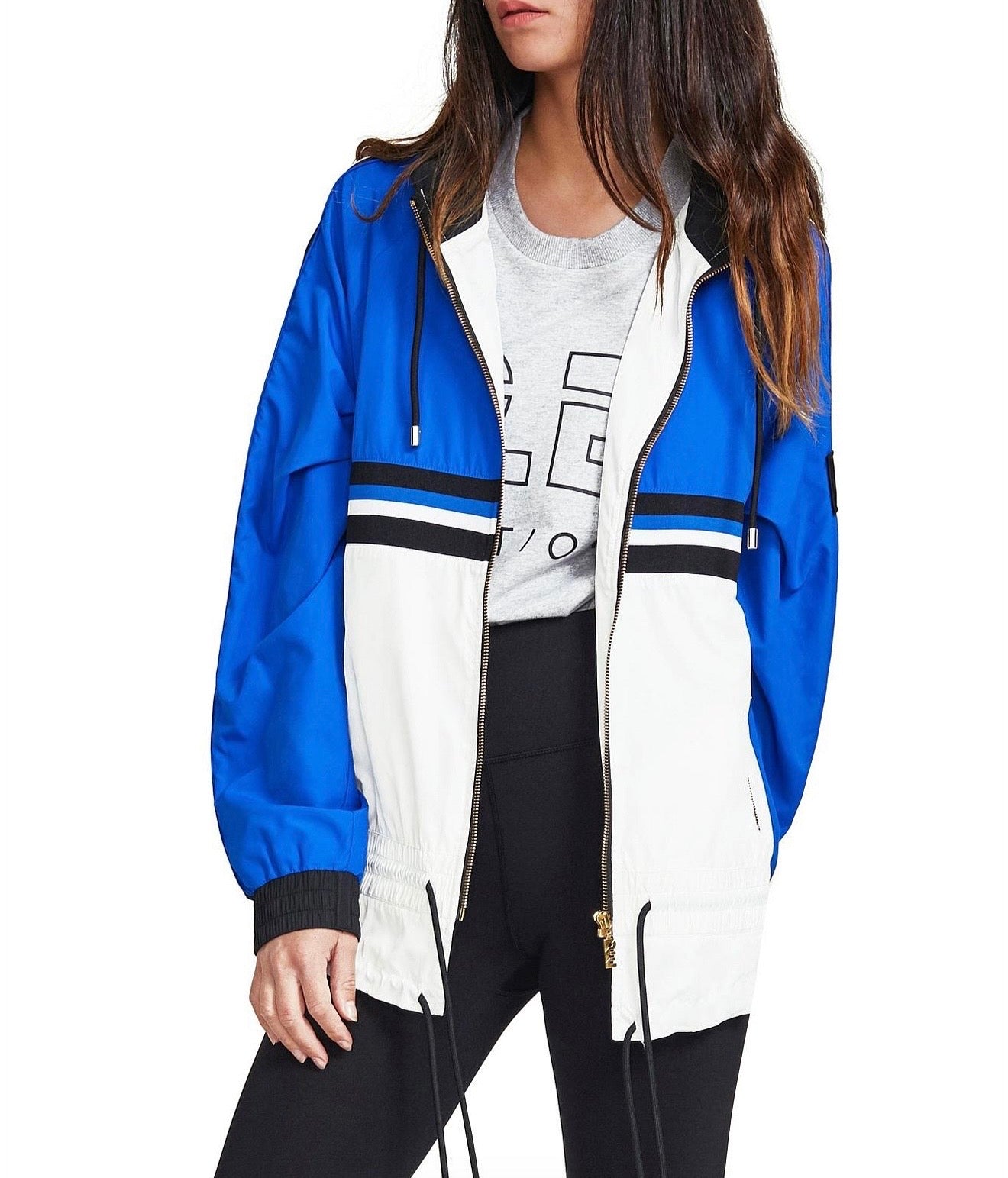 PE NATION nylon zip up jacket with hood, royal blue and white with stripe across center