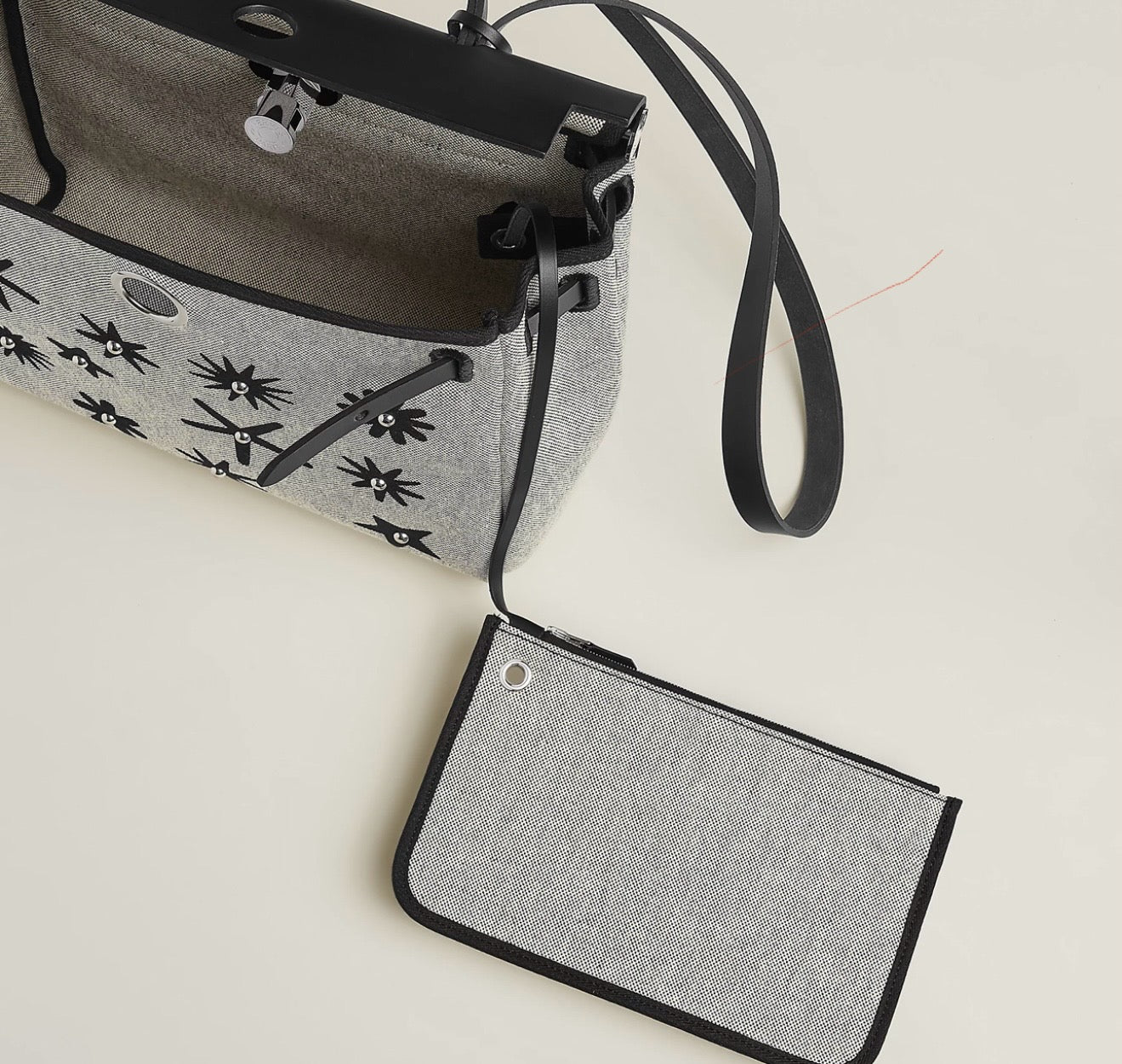 Hermès Herbag Zip 31 PM Hobnailed Black and Ecru Printed H Plume Canvas and Vache Hunter Palladium Hardware