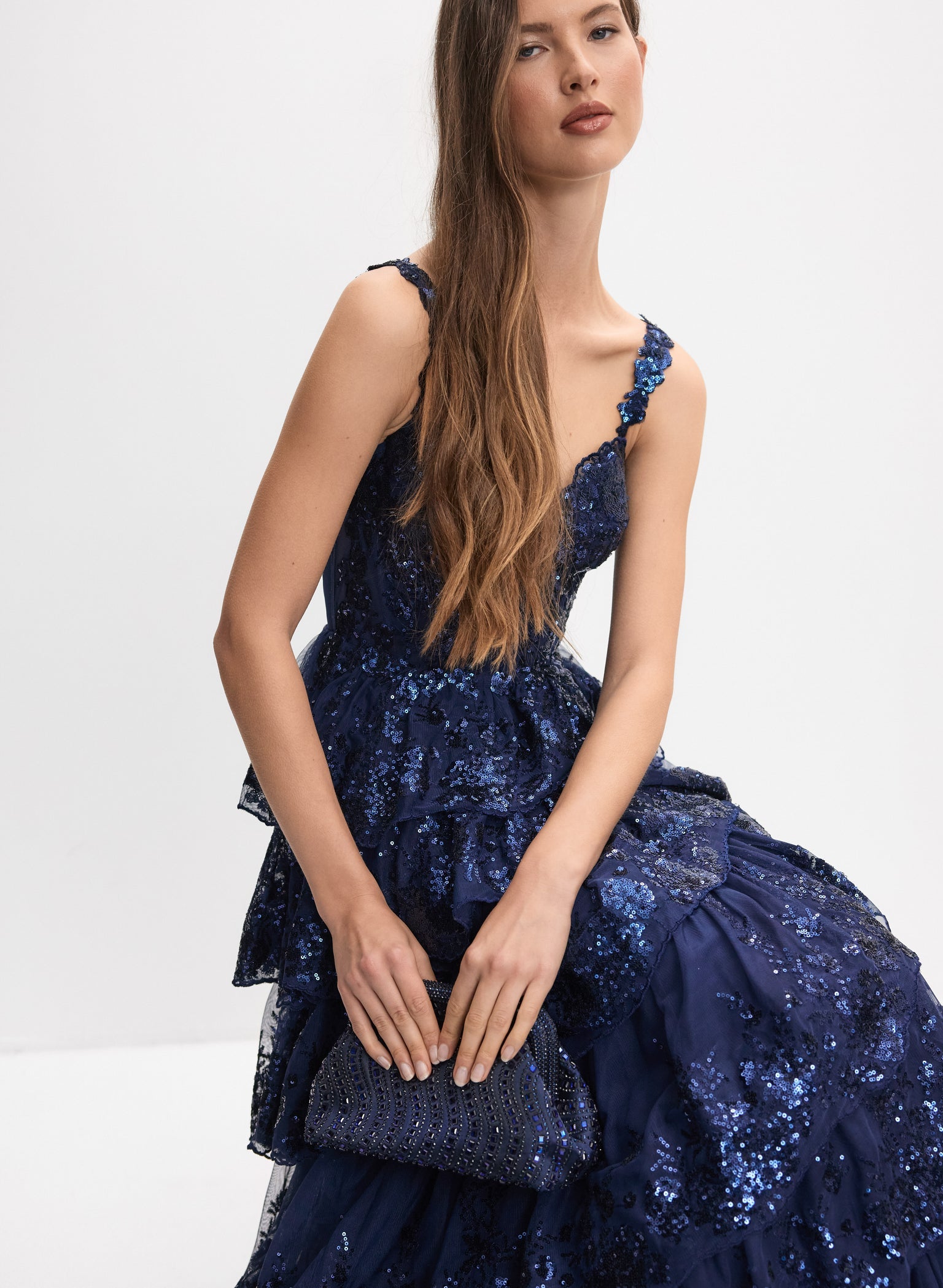 MELANIE LYNE blue ruffle sequin dress