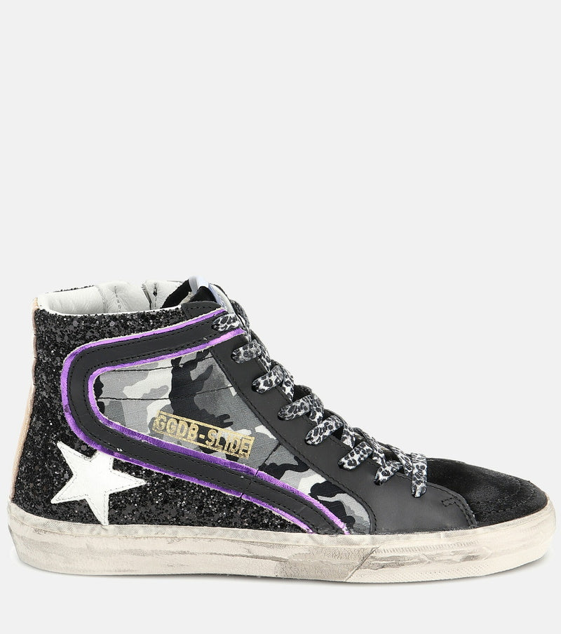 GOLDEN GOOSE high top sneakers, black camo and sparkles, purple stripe