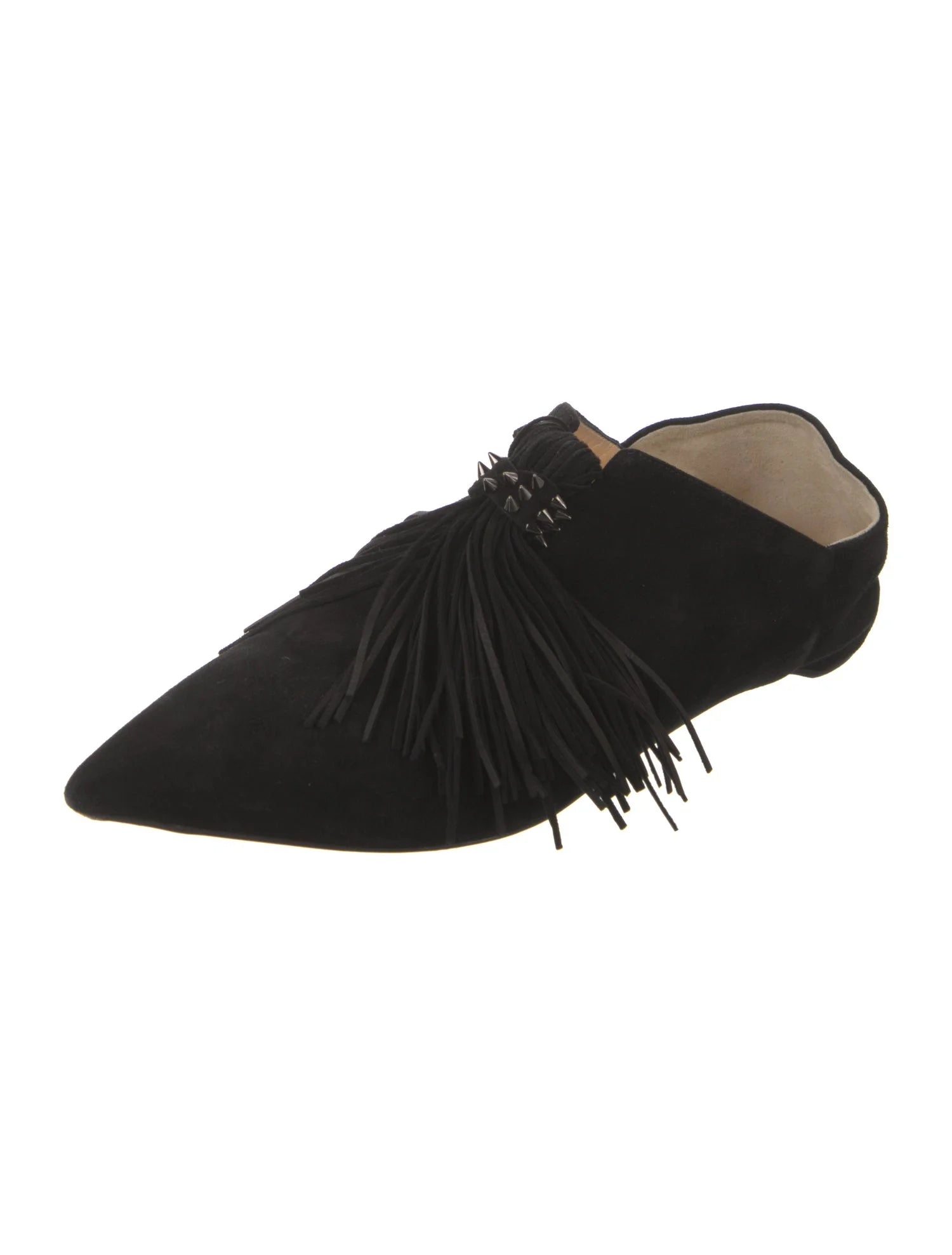 CHRISTIAN LOUBOUTIN black suede pointed loafer/slide with tassle and studs, w box