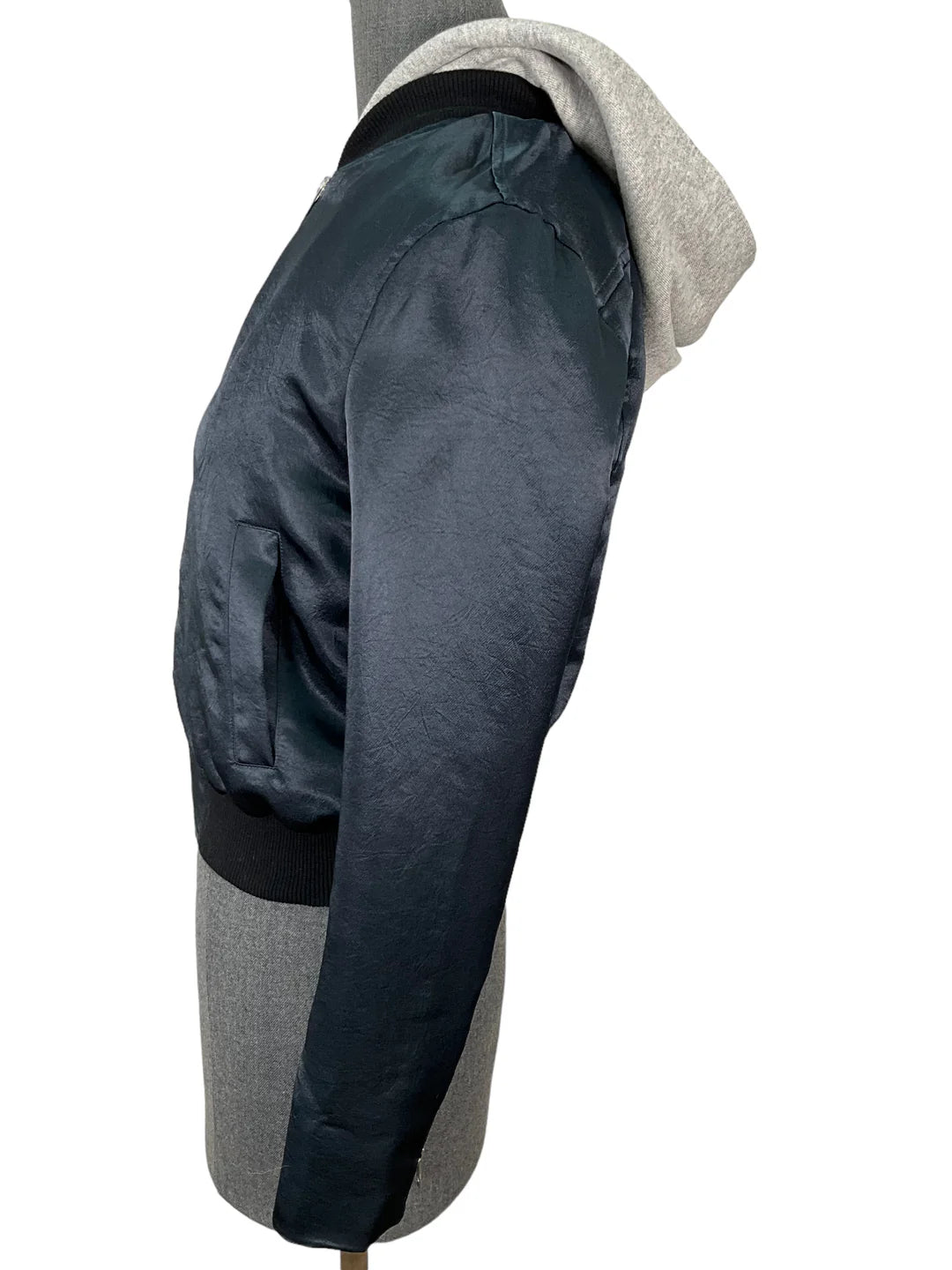 A.L.C black satin bomber with grey hoodie dickie