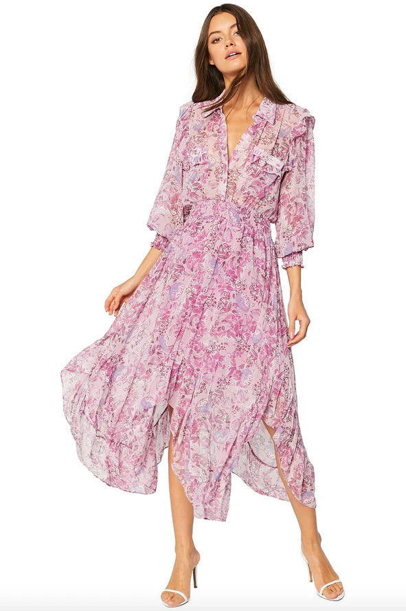MISA LA purple print long sleeve maxi dress