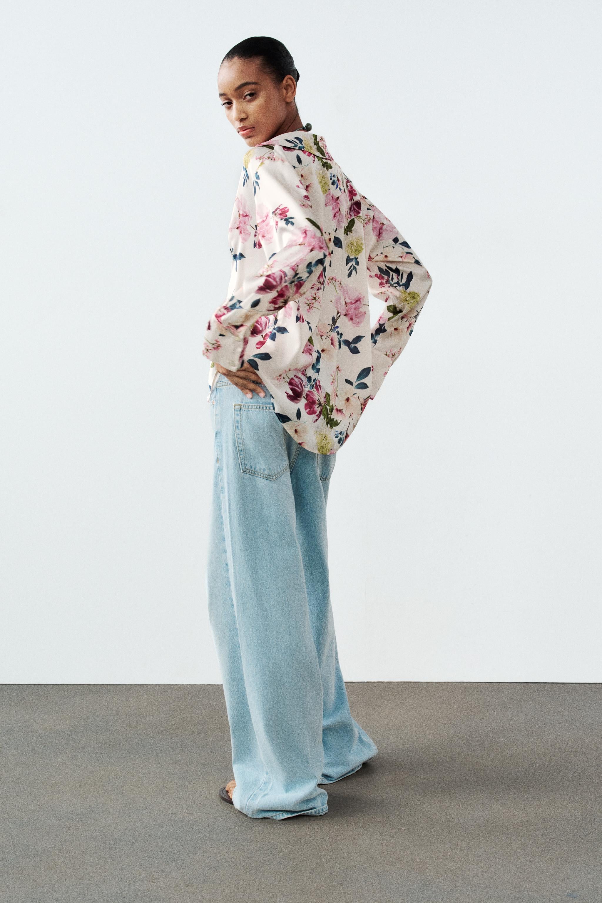 ZARA floral print silk blouse