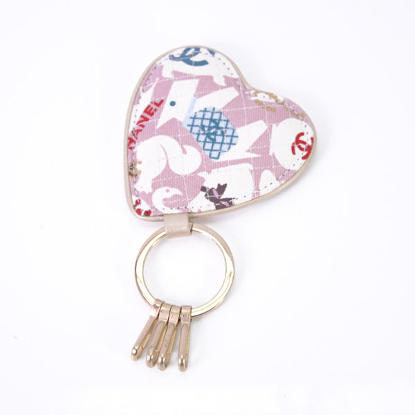 CHANEL fabric heart keychain with box, pink pattern, NWT etui clef