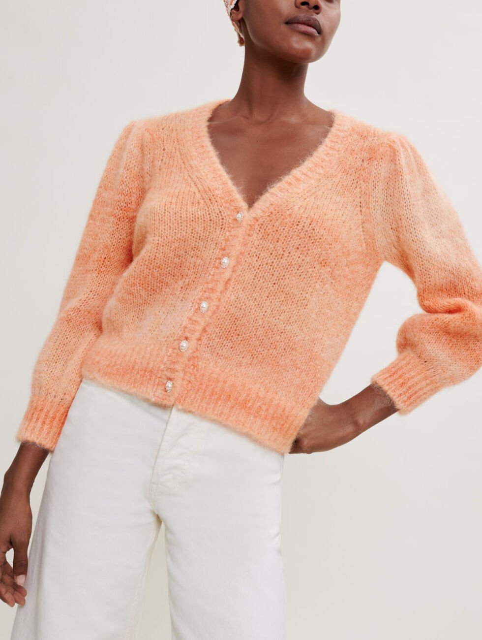 MAJE "Miston" orange knit cropped cardigan with pearl/diamond buttons