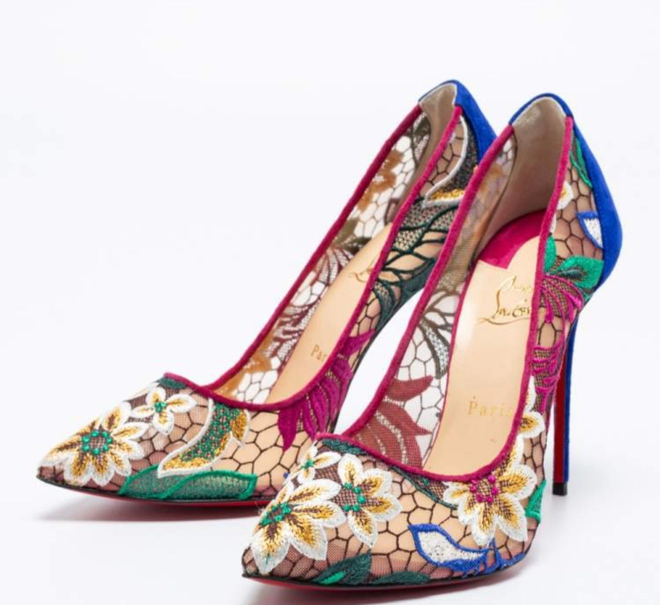 Christian Louboutin Multicolor Follies Lace and Suede Floral Rete Pumps