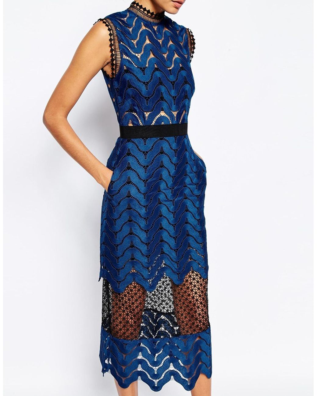 SELF PORTRAIT - Scallop High Neck Midi Dress