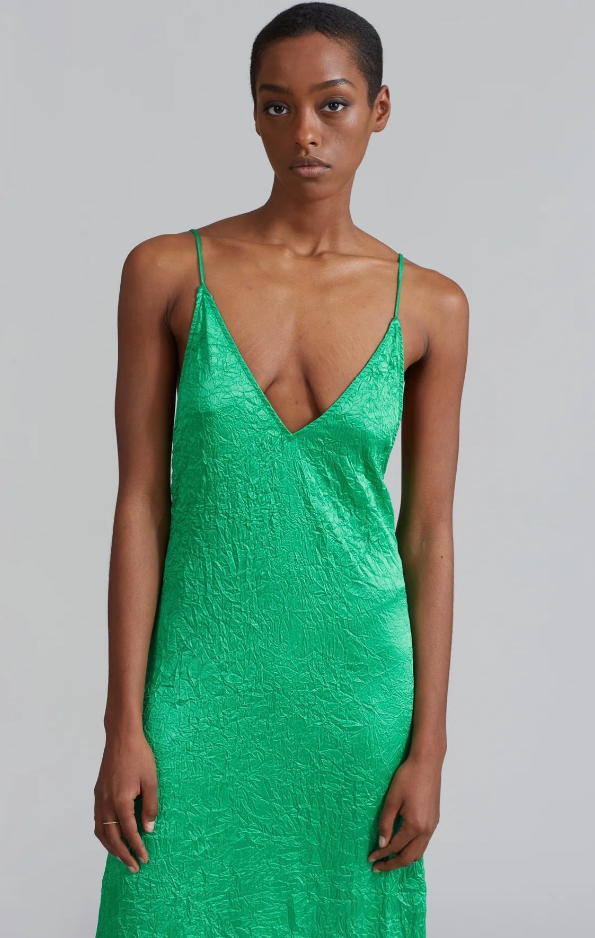 GANNI - CRINKLED SATIN SLIP DRESS - BRIGHT GREEN