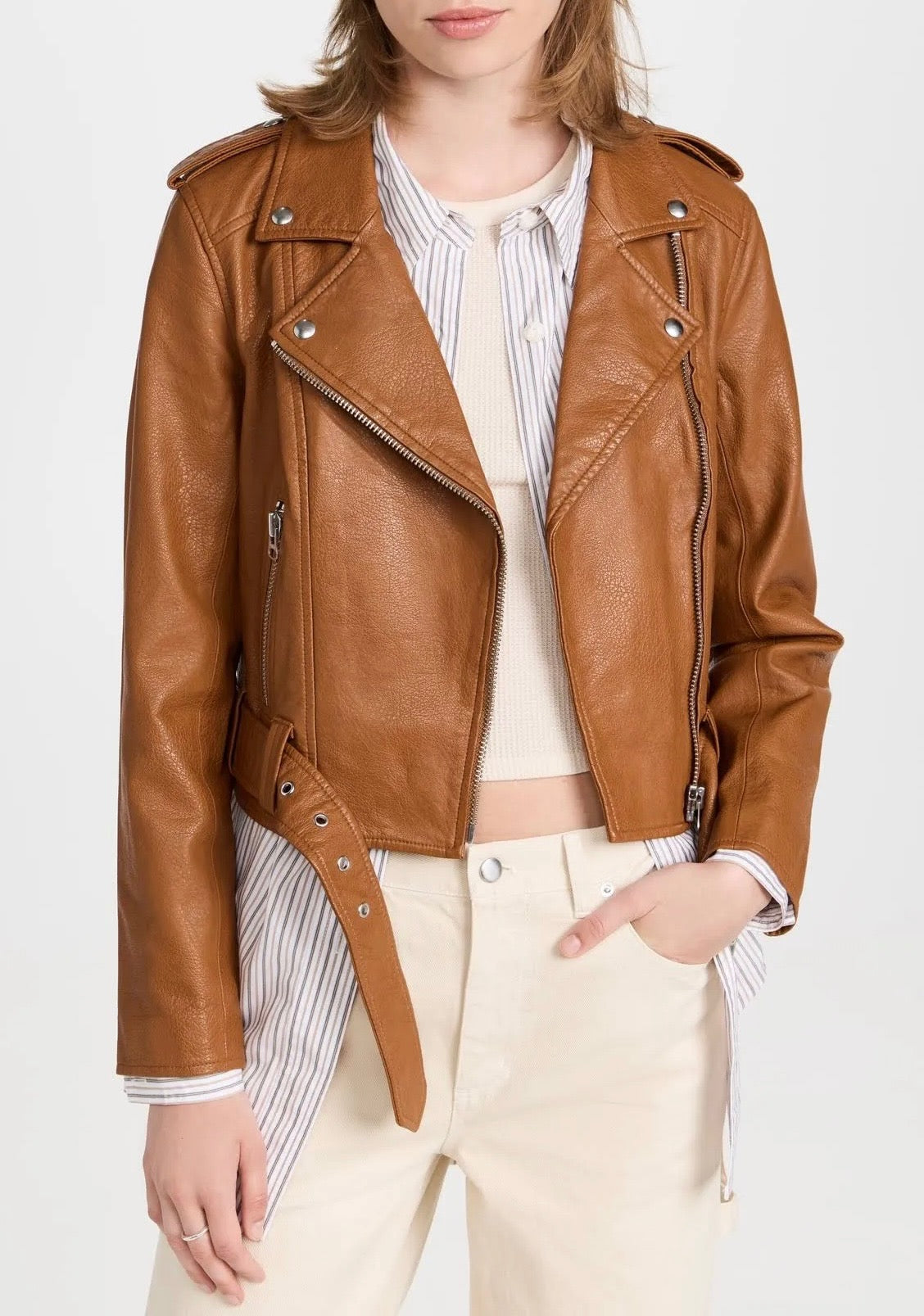 PISTOLA camel brown faux leather jacket with belt