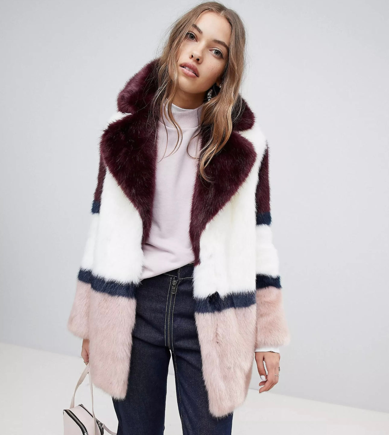 Jakke mid length faux fur coat in colour block