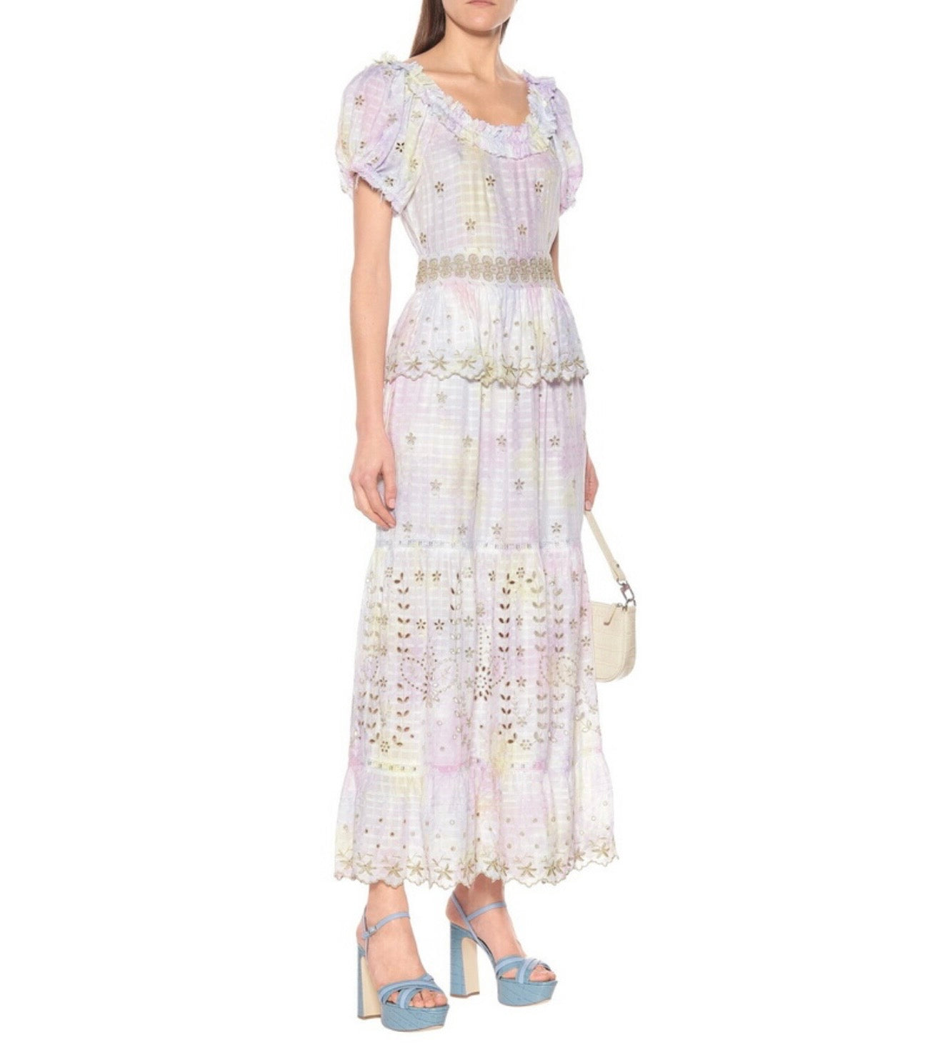 LOVESHACKFANCY pastel tie-dye maxi dress with gold accents